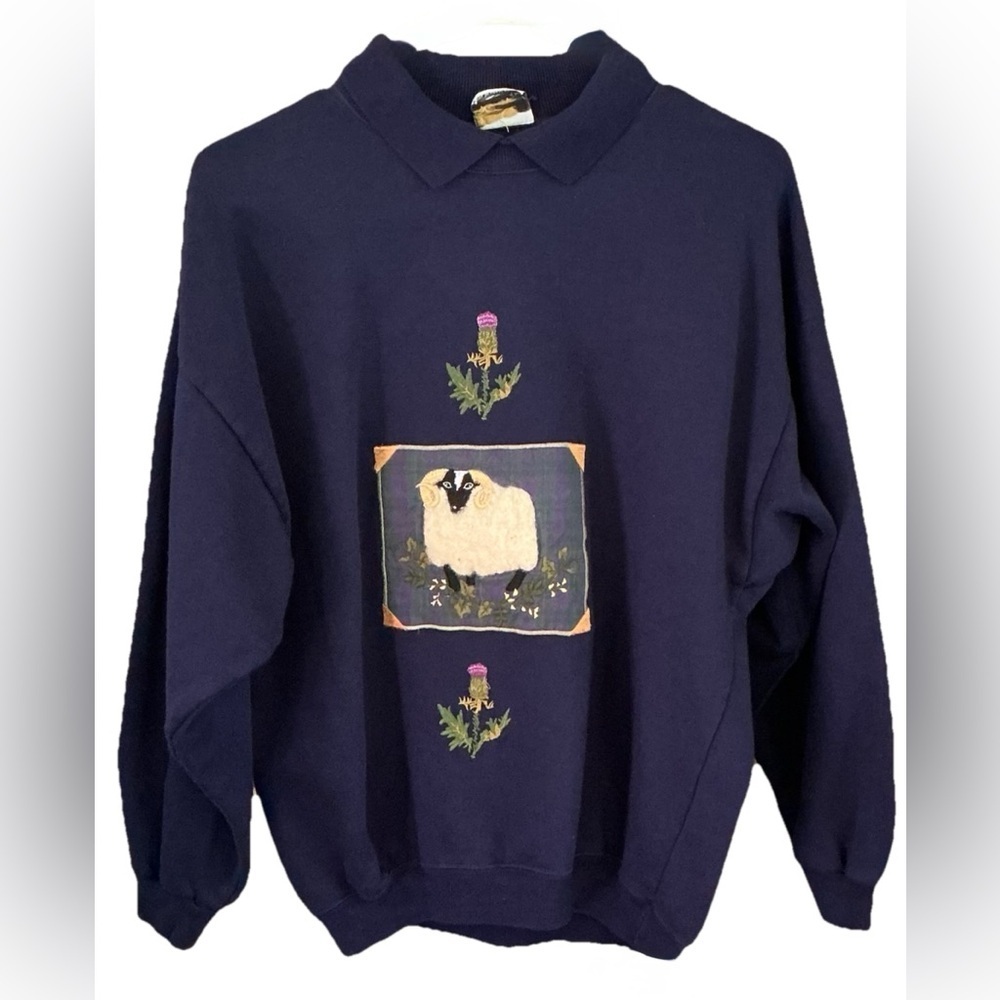 Vintage Sheep Embroidered Collared Sweater‎ UK Made Cottagecore Grandmacore - Picture 2 of 7